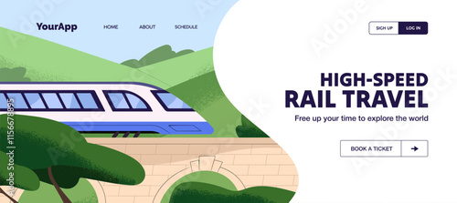 Design of web banner, page of express rail travel by modern passenger train. Template of website about railway journey, railroad tourism. Carriages go on monorail road. Flat vector illustration