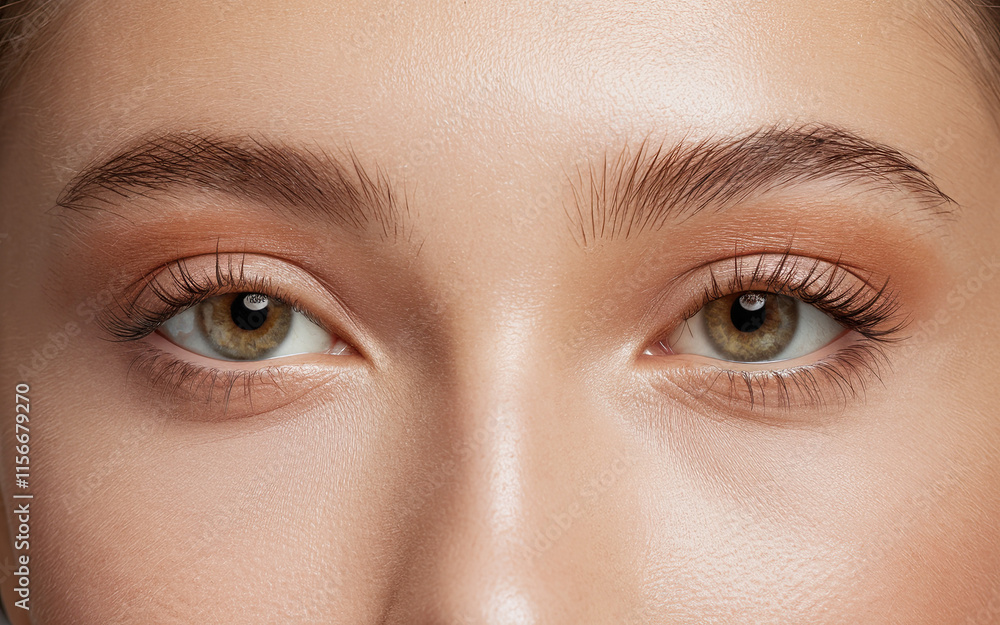 Obraz premium Close-Up of Woman's Light Brown Eyes, Clear and Calm Expression, Long Defined Eyelashes with Mascara, Smooth Skin, Subtle Makeup with Eyeshadow and Eyeliner, Elegant and Detailed Eye Portrait