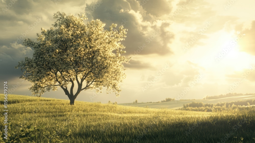 Serene landscape with lone tree in a field under a cloudy sky and warm sunlight approaching sunset tranquility nature scene Serene landscape with lone tree in a field under a cloudy sky and warm sunlight approaching sunset tranquility nature scene