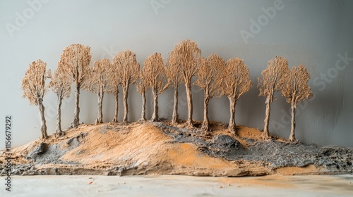 Clay sculpture of trees on a textured hill conveying natural beauty and artistic craftsmanship in a minimalist design photo