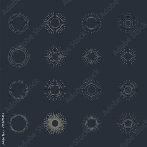 Vintage sunburst set collection. Logotype or lettering hand drawn design element. Bursting golden sun rays sunrise firework starburst blast burst sunset star. Radial sunset beams. Vector illustration.