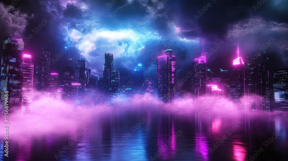Futuristic cityscape with vibrant neon lights. Futuristic cityscape with vibrant neon lights.