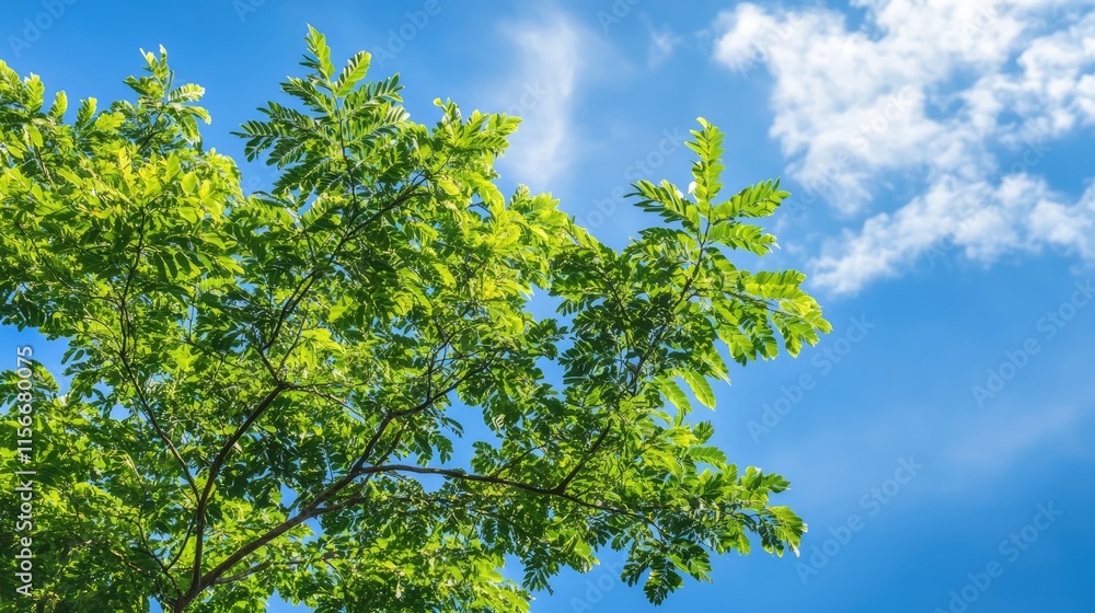 Lush green tree branches reaching towards a bright blue sky with fluffy white clouds in a serene outdoor setting Lush green tree branches reaching towards a bright blue sky with fluffy white clouds in a serene outdoor setting