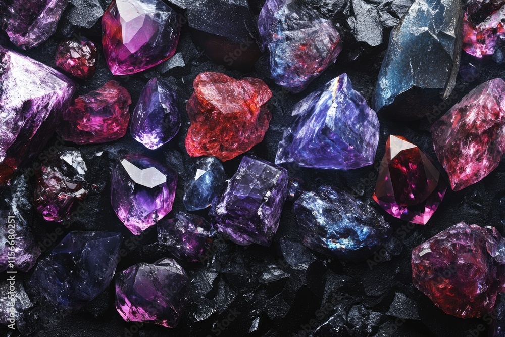 A collection of vibrant purple, red, and blue gemstones rest on a bed of dark rock. A collection of vibrant purple, red, and blue gemstones rest on a bed of dark rock.