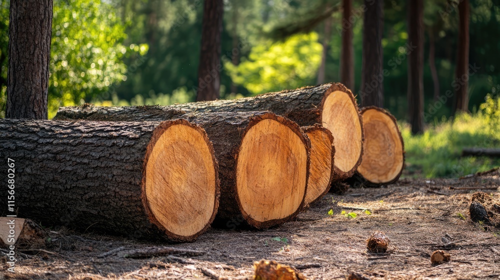 Logs from felled trees in a serene forest setting showcasing natural wood textures and sunlight filtering through the foliage. Logs from felled trees in a serene forest setting showcasing natural wood textures and sunlight filtering through the foliage.