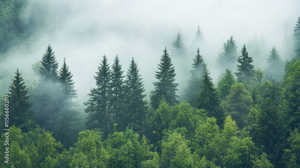 Misty forest landscape with evergreen trees shrouded in fog creating a serene and tranquil atmosphere in nature Misty forest landscape with evergreen trees shrouded in fog creating a serene and tranquil atmosphere in nature