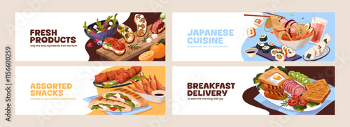 Set of advertising banner designs of sushi restaurants, fastfood cafes. Different food compositions on promotion templates. Cooked eating, meals, snacks on promo layouts. Flat vector illustrations
