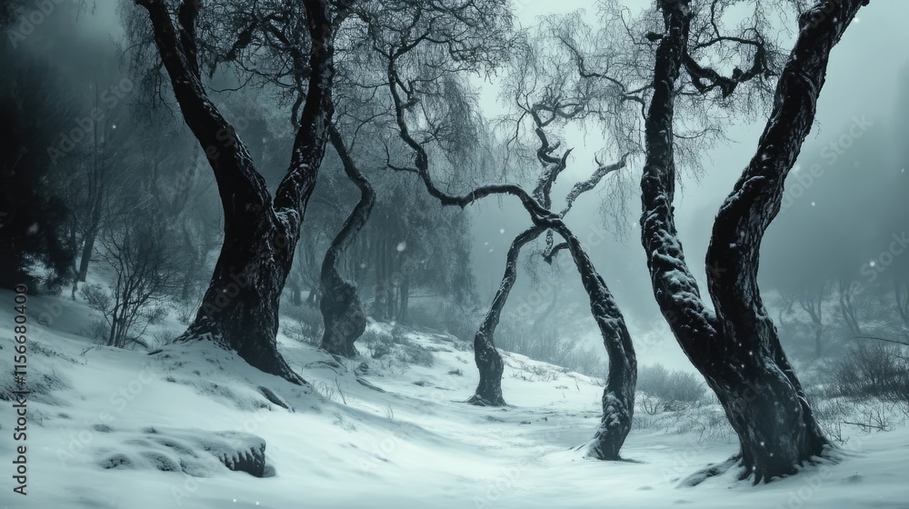 Twisted trees in a serene winter landscape blanketed with snow under a moody, atmospheric sky showcasing nature's stark beauty. Twisted trees in a serene winter landscape blanketed with snow under a moody, atmospheric sky showcasing nature's stark beauty.