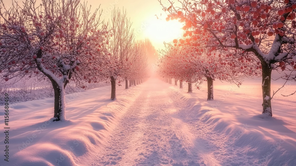 Fototapeta premium Serene winter landscape of apple orchard trees blanketed in snow at sunrise creating a tranquil pathway through nature's beauty