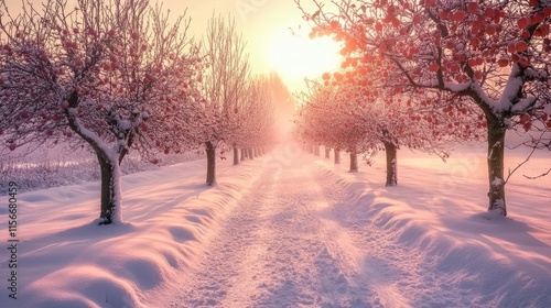 Serene winter landscape of apple orchard trees blanketed in snow at sunrise creating a tranquil pathway through nature's beauty