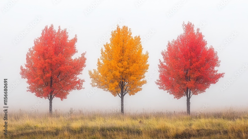 Fototapeta premium Autumn trees in fog showcasing vibrant red orange and yellow foliage in a serene natural landscape ideal for seasonal imagery
