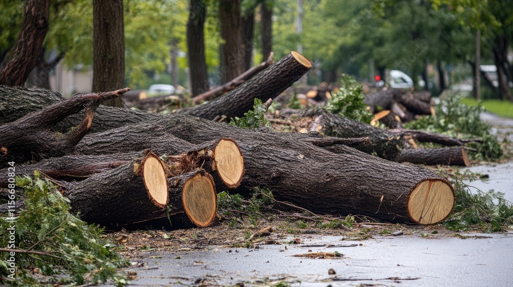 Fallen trees in a wooded area after storm damage showcasing nature's impact on urban landscapes Fallen trees in a wooded area after storm damage showcasing nature's impact on urban landscapes