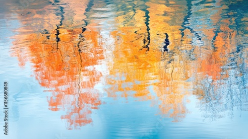 Autumn foliage reflections in calm water showcasing vibrant orange and yellow hues against a serene blue backdrop