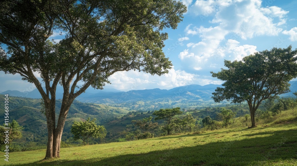 Scenic Landscape with Lush Green Trees Against a Mountainous Background and Clear Blue Sky Scenic Landscape with Lush Green Trees Against a Mountainous Background and Clear Blue Sky