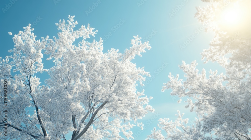 Frosty trees illuminated by sunlight against a clear blue sky creating a serene winter landscape scene Frosty trees illuminated by sunlight against a clear blue sky creating a serene winter landscape scene