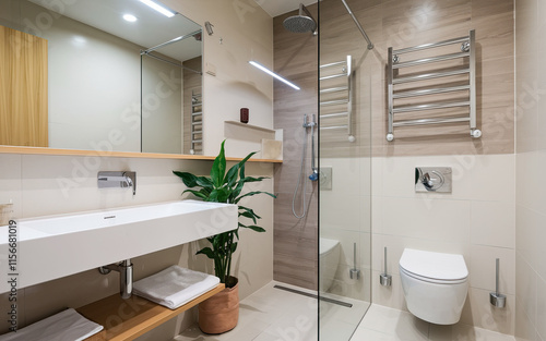 Wallpaper Mural Modern Bathroom Interior with Sleek White Sink, Mirror, Wooden Shelf, Glass Shower Enclosure, Rainfall Showerhead, Potted Plant, Wall-Mounted Toilet, Heated Towel Rack, Beige and Light Wood Tiles Torontodigital.ca