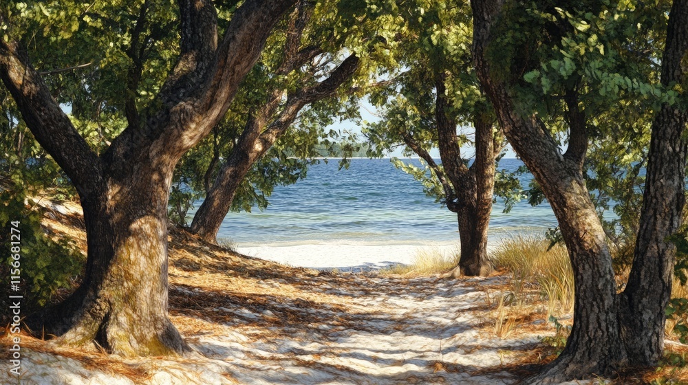 Serene beach pathway framed by trees inviting tranquil coastal relaxation and natural beauty Serene beach pathway framed by trees inviting tranquil coastal relaxation and natural beauty