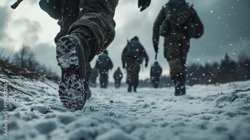 Soldiers Marching Through Snowy Landscape in Winter Weather