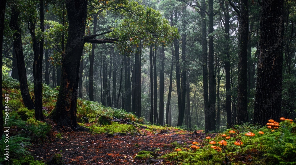 Tranquil forest landscape with lush greenery and vibrant mushrooms in a misty atmosphere ideal for nature-themed projects Tranquil forest landscape with lush greenery and vibrant mushrooms in a misty atmosphere ideal for nature-themed projects