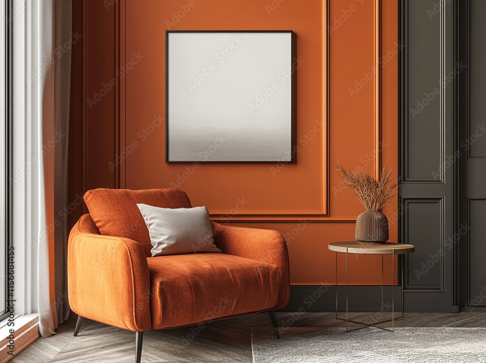 Fototapeta premium Cozy corner featuring an orange chair and stylish decor in a warm living room.