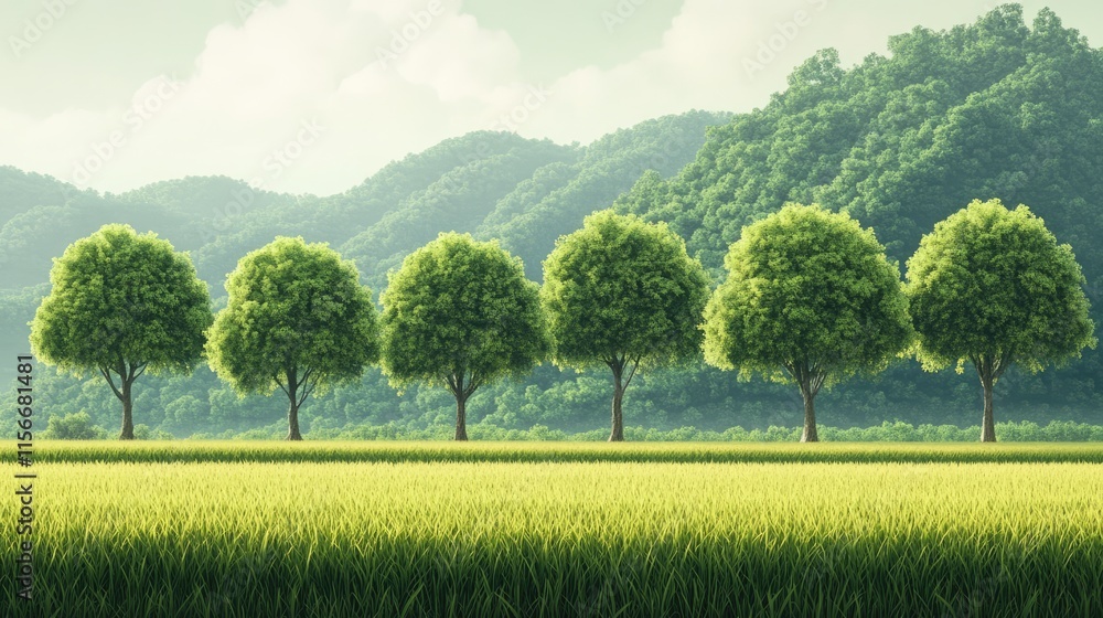Fototapeta premium Lush green trees lining golden rice fields against a backdrop of rolling hills and soft sunlight illuminating a serene agricultural landscape