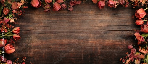 Tulips arranged on rustic wooden background with ample copy space for creative designs and floral themes photo