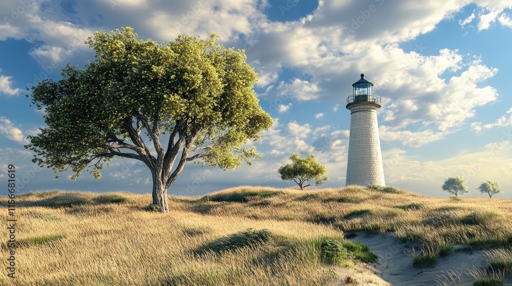 Lighthouse Surrounded by Trees and Grassy Dunes Under a Dramatic Sky Lighthouse Surrounded by Trees and Grassy Dunes Under a Dramatic Sky
