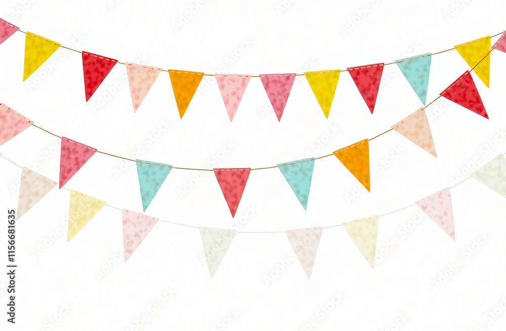 Fototapeta premium Bright multi-colored triangular flags on a white background. Holiday decor.