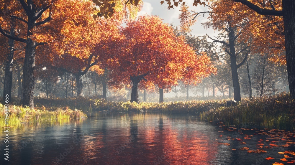 Obraz premium Autumn landscape with vibrant trees reflecting in a serene pond surrounded by lush foliage and a tranquil atmosphere