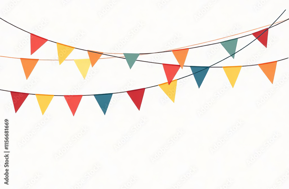 Fototapeta premium Bright multi-colored triangular flags on a white background. Holiday decor.
