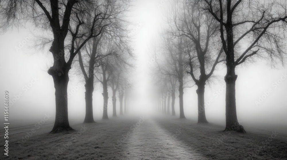 Misty path lined with bare trees creating a serene and mysterious atmosphere in a foggy landscape monochrome scene Misty path lined with bare trees creating a serene and mysterious atmosphere in a foggy landscape monochrome scene
