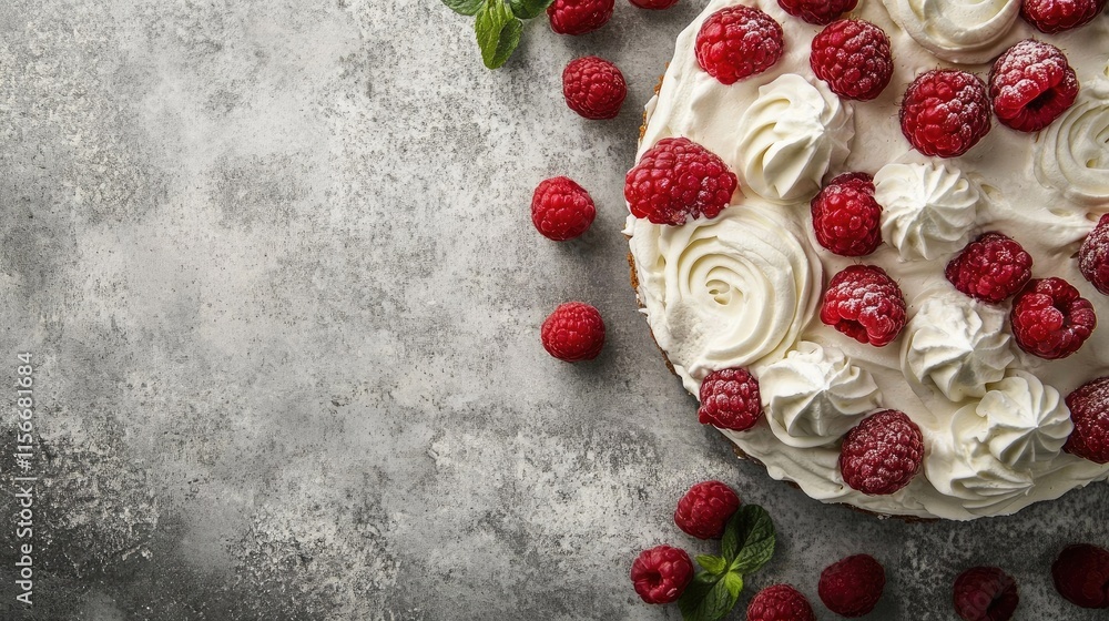 Delicious tres leches cake topped with whipped cream and fresh raspberries on a gray concrete background with ample copy space Delicious tres leches cake topped with whipped cream and fresh raspberries on a gray concrete background with ample copy space