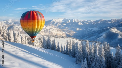 Colorful Hot Air Balloon Soaring Over Snowy Mountain Range