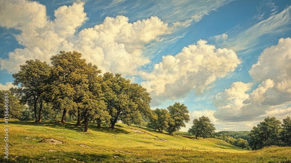 Serene landscape featuring lush green trees under a vibrant sky with fluffy clouds capturing a tranquil rural scenery Serene landscape featuring lush green trees under a vibrant sky with fluffy clouds capturing a tranquil rural scenery
