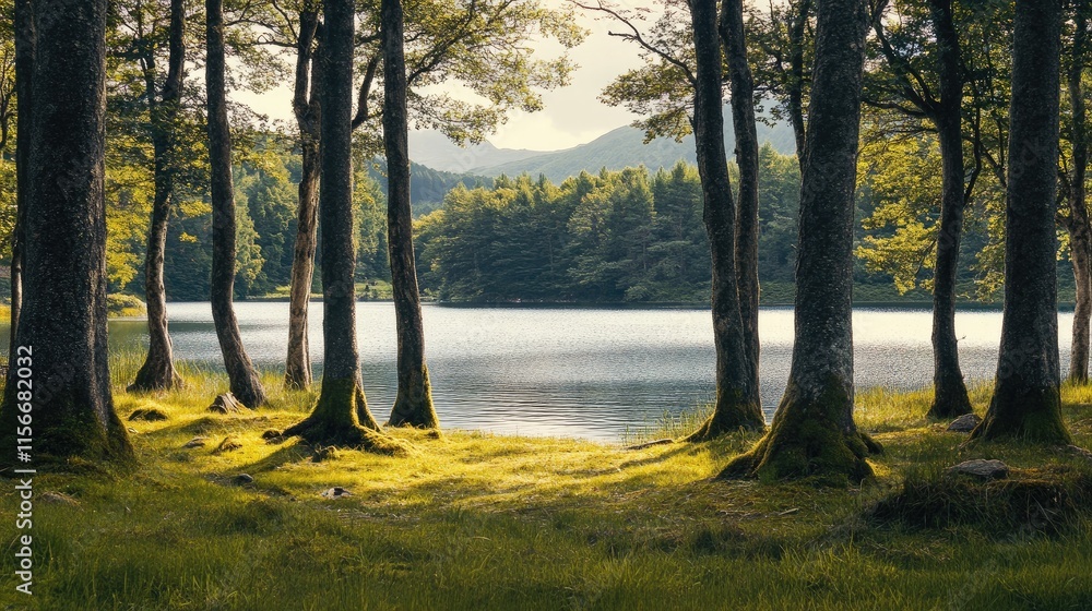 Fototapeta premium Tranquil Forest Landscape by Serene Lake with Majestic Mountains in the Distance