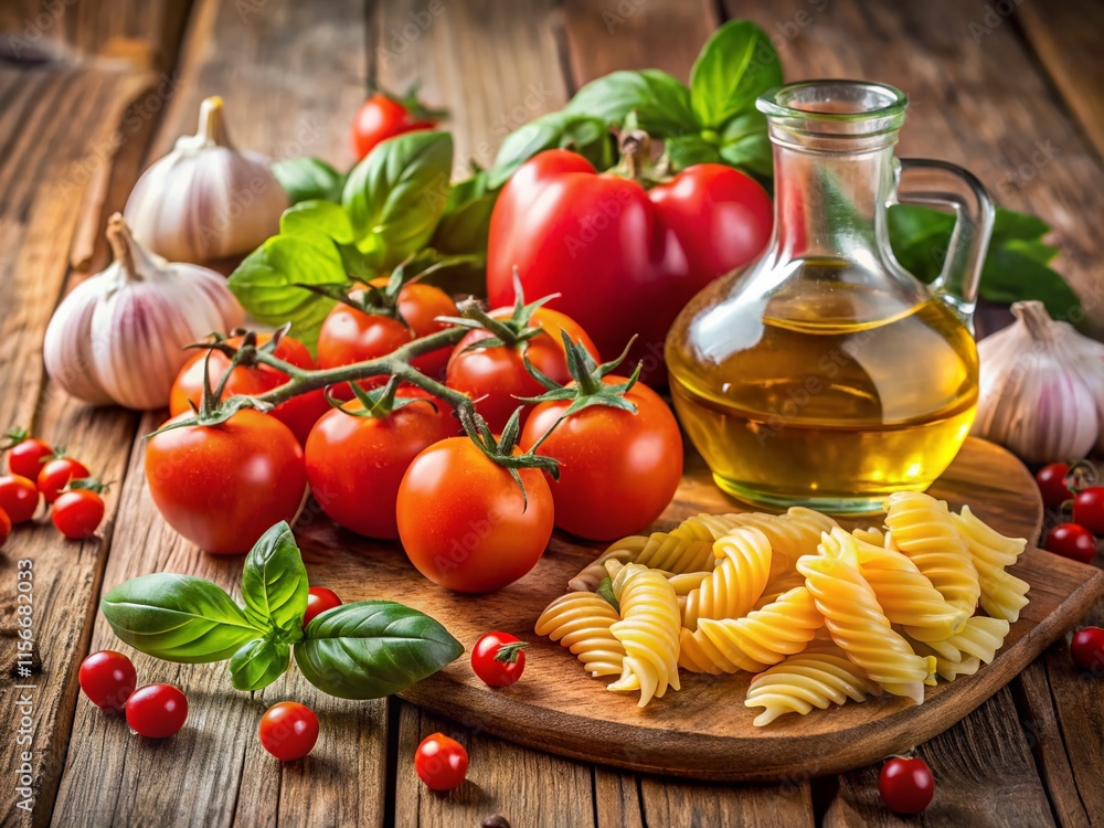Fototapeta premium Italian Cooking Ingredients - Fresh Tomatoes, Pasta, Basil