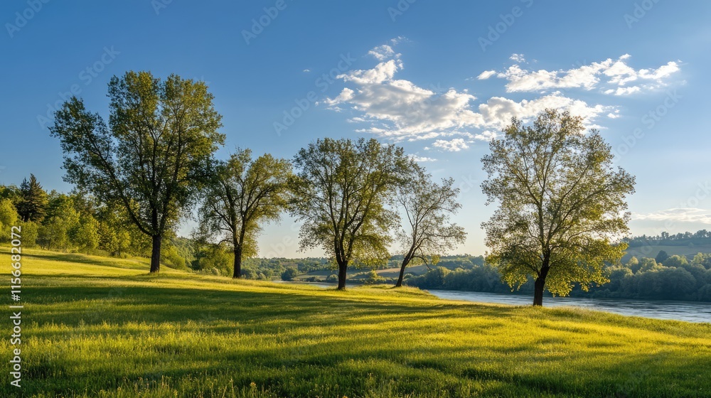 Lush green trees lining a serene riverbank under a bright blue sky with scattered clouds on a sunny day Lush green trees lining a serene riverbank under a bright blue sky with scattered clouds on a sunny day