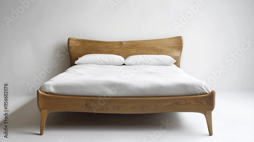 Stylish wooden bed with comfortable pillows in modern interior setting.