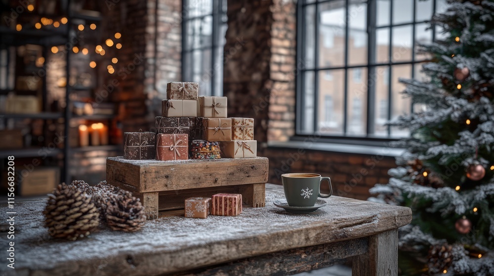 Fototapeta premium Warm Winter Scene with Cozy Coffee and Beautifully Wrapped Gifts on a Rustic Table