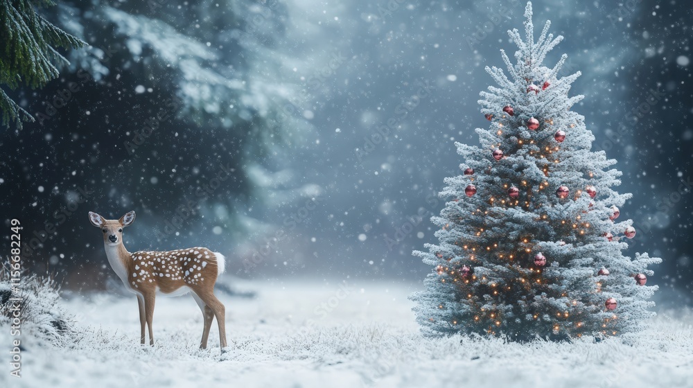 Snowy Winter Scene with a Deer Next to a Beautiful Christmas Tree Snowy Winter Scene with a Deer Next to a Beautiful Christmas Tree