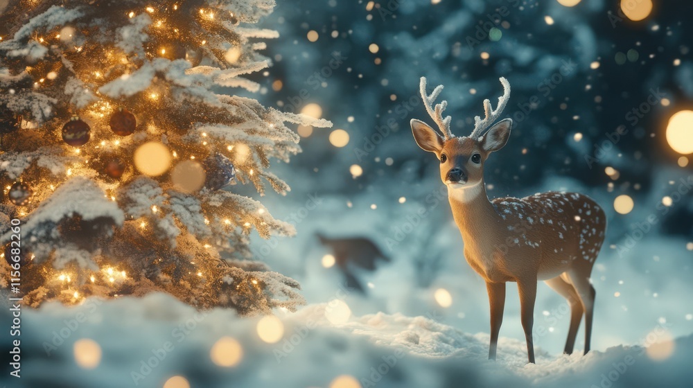 A serene winter scene with a deer beside a glowing Christmas tree and falling snowflakes lights up the snowy landscape. A serene winter scene with a deer beside a glowing Christmas tree and falling snowflakes lights up the snowy landscape.