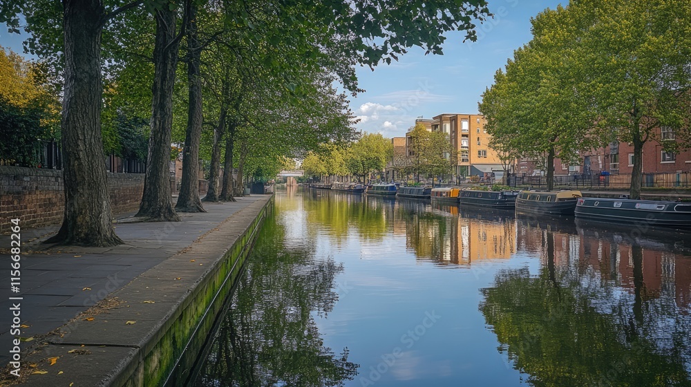 Serene trees reflecting in a tranquil canal surrounded by urban architecture on a clear day Serene trees reflecting in a tranquil canal surrounded by urban architecture on a clear day