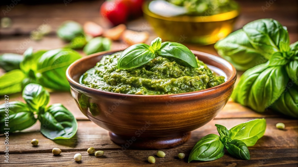 Low-light pesto bowl, vibrant basil, gourmet detail shot. Low-light pesto bowl, vibrant basil, gourmet detail shot.