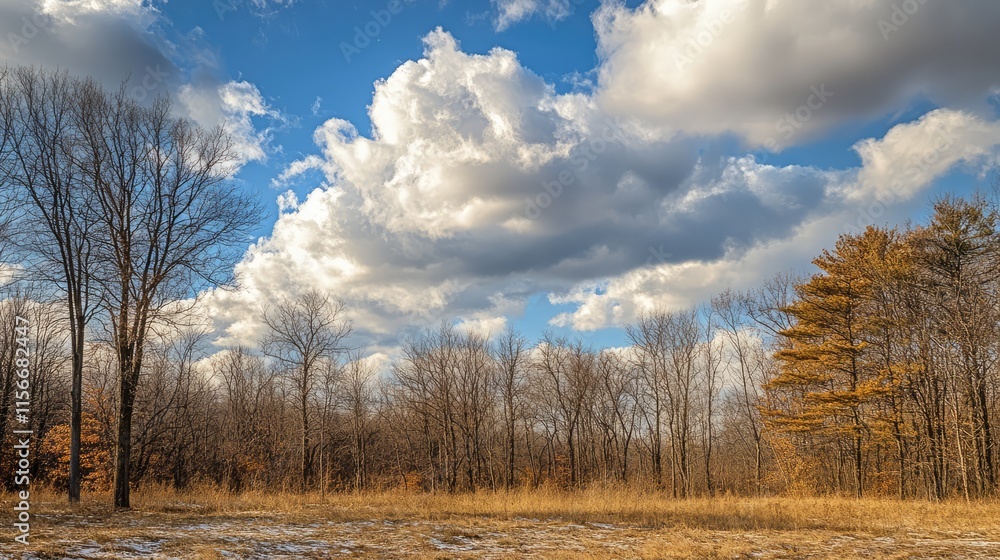 Winter Forest Landscape with Bare Trees and Dramatic Clouds in a Scenic Nature Setting Winter Forest Landscape with Bare Trees and Dramatic Clouds in a Scenic Nature Setting