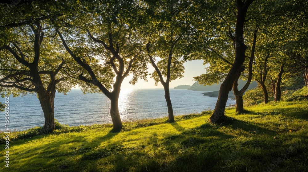 Serene seaside landscape with lush trees framing the calm ocean under a warm golden sunlight at sunset. Serene seaside landscape with lush trees framing the calm ocean under a warm golden sunlight at sunset.