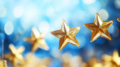 Golden stars floating on a blue bokeh background.