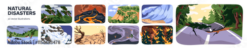 Set of natural disasters. Extreme weather, cataclysms, accidents, catastrophes. Hurricane, flood, earthquake, volcano eruption, tsunami. Hazardous calamity, wild dangers. Flat vector illustrations