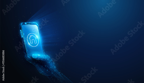 Abstract illustration of lineart home icon on low poly smartphone in hand. Blue geometric background depicting smart home application technology concept by wireframe connection structure