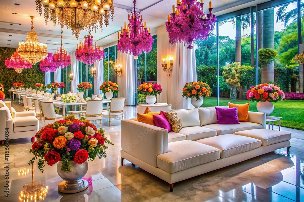 Obraz premium Opulent wedding reception, featuring white marble elegance and sparkling chandeliers.