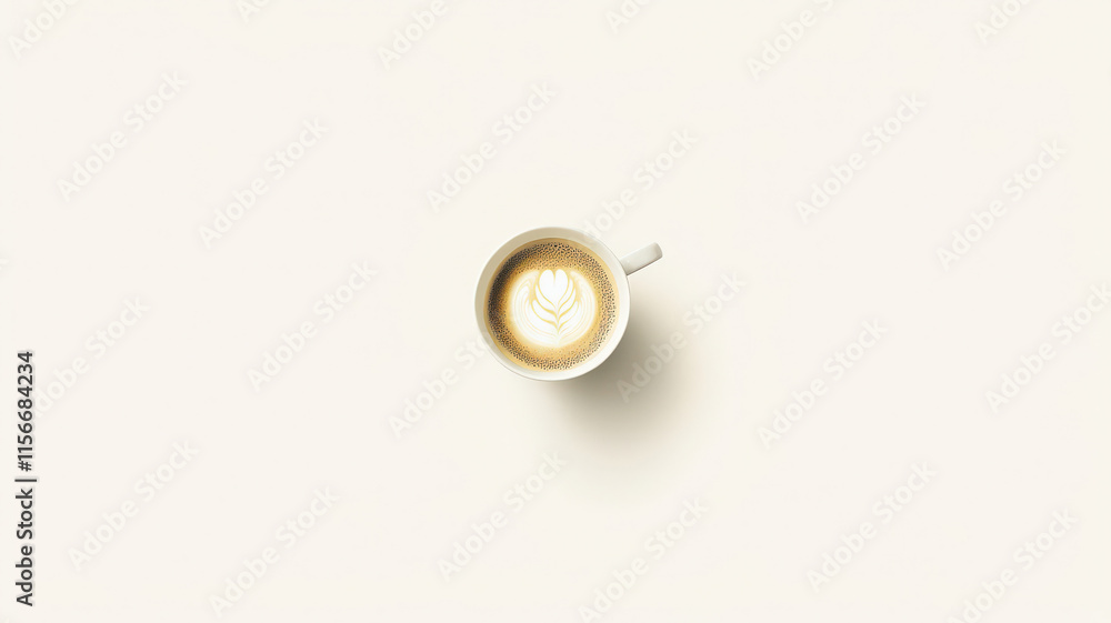 A soft white background featuring a clean, minimalist image of a single cup of coffee with a latte art design, surrounded by negative space, perfect for modern, sleek design. A soft white background featuring a clean, minimalist image of a single cup of coffee with a latte art design, surrounded by negative space, perfect for modern, sleek design.